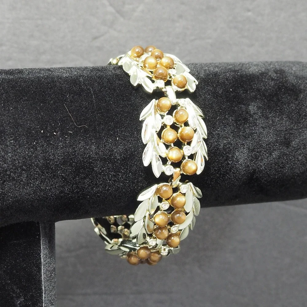 Vintage Bracelet Leaf Link Brown Moonglow Rhinestone Gold Tone Chunky 7.75 Inch